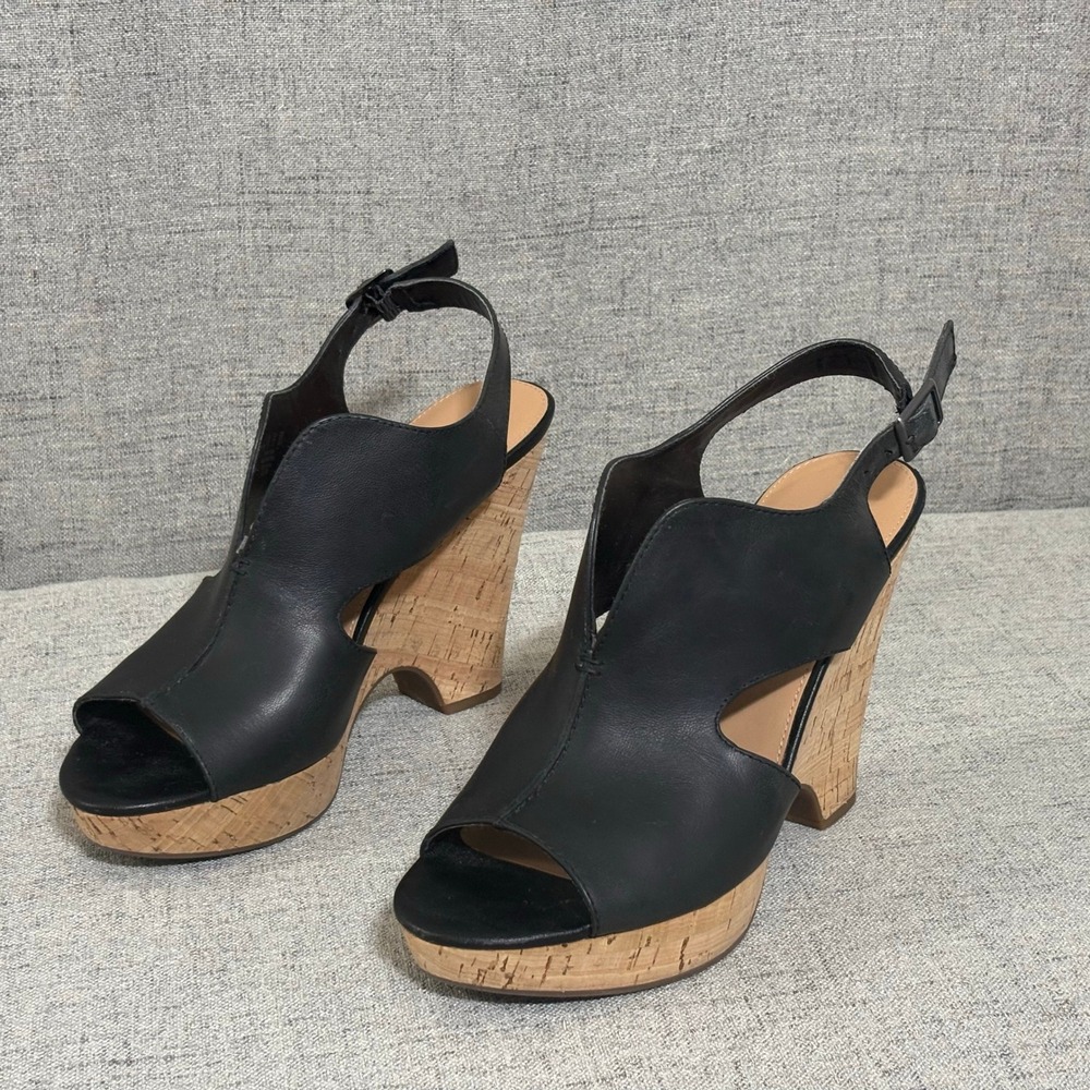 Franco Sarto Shoes Women 9.5 Black 
Leather Cork Wedge Sandals Heel